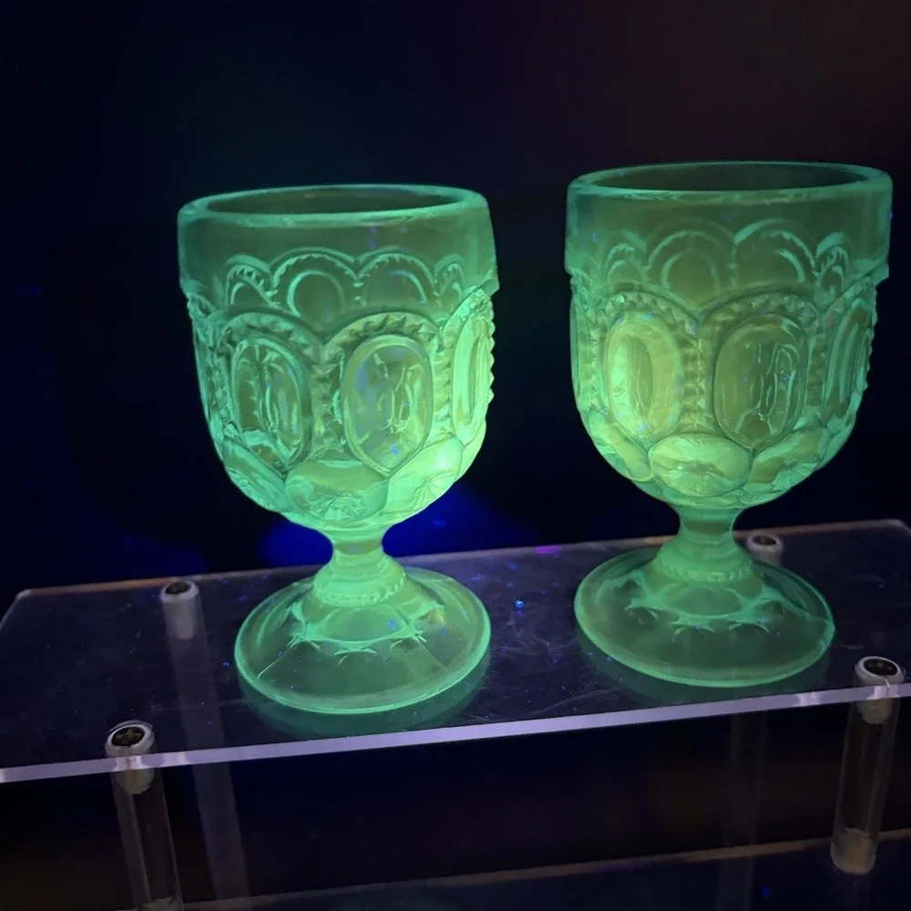 Vintage LE Smith Moon & Stars Peacock Blue Cordial Set of 2 Pedestal Goblet UV +